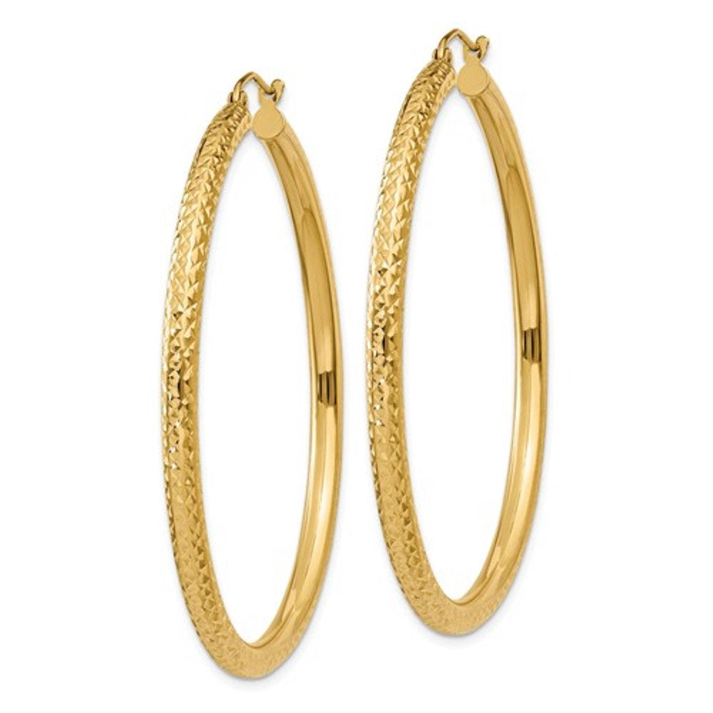 14k yellow gold diamond cut large classic round hoop earrings 50mm x 3mm
