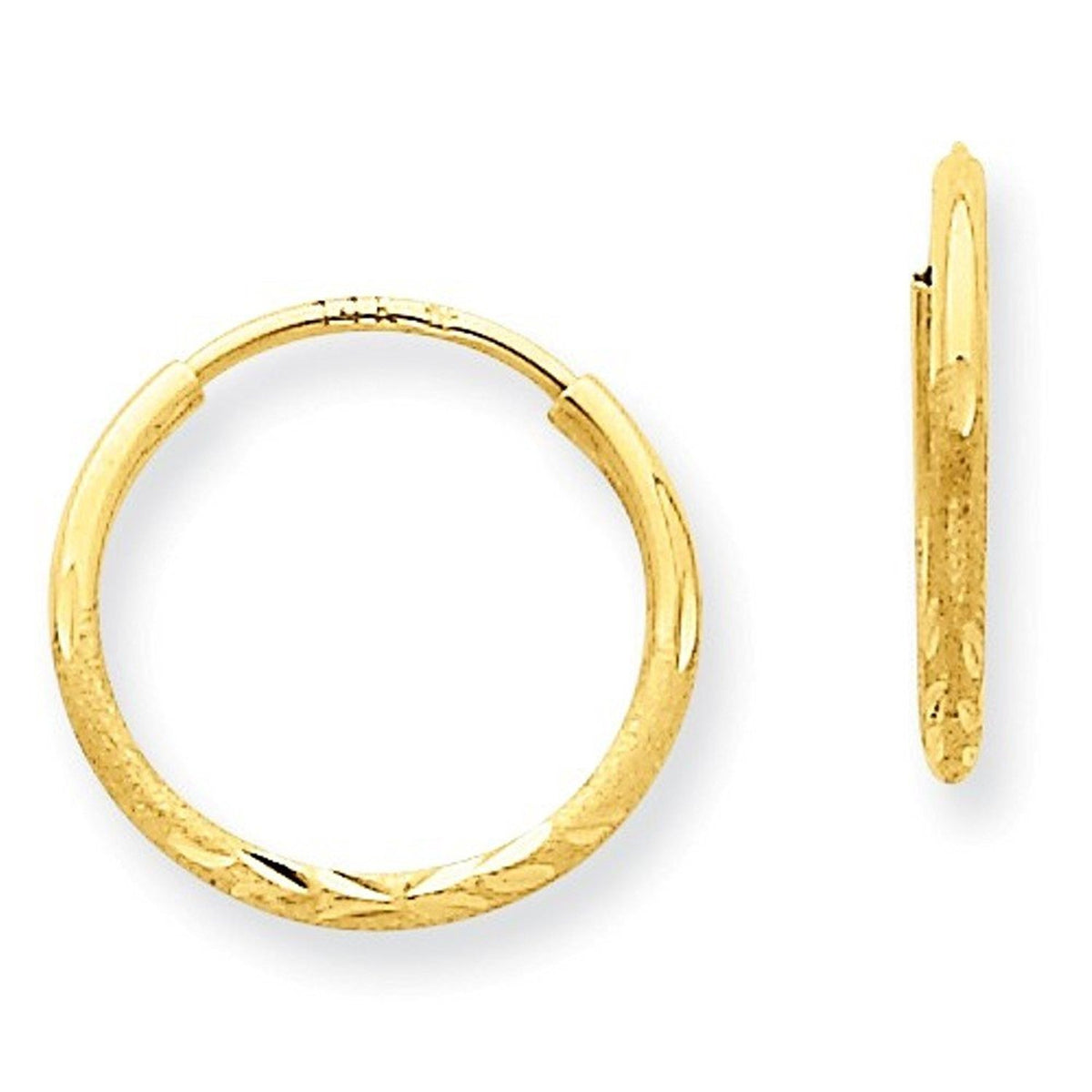 14k yellow gold diamond cut satin endless round hoop earrings 13mm x 1.25mm