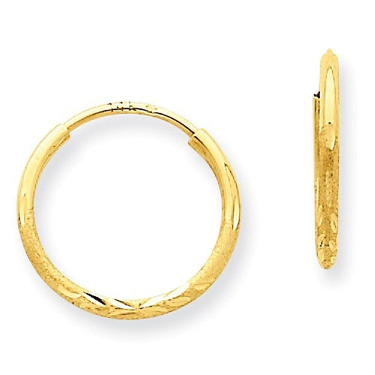 14k yellow gold diamond cut satin endless round hoop earrings 13mm x 1.25mm