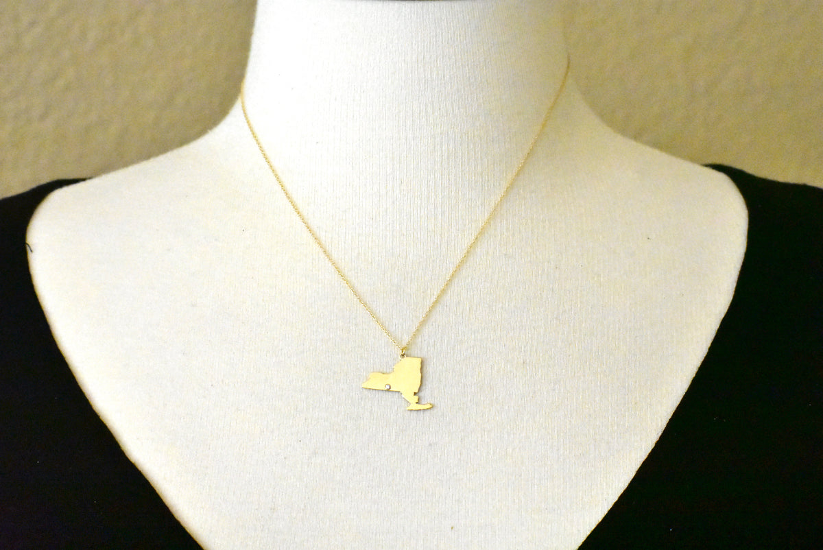 14k 10k yellow rose white gold diamond silver new york ny state map personalized city necklace