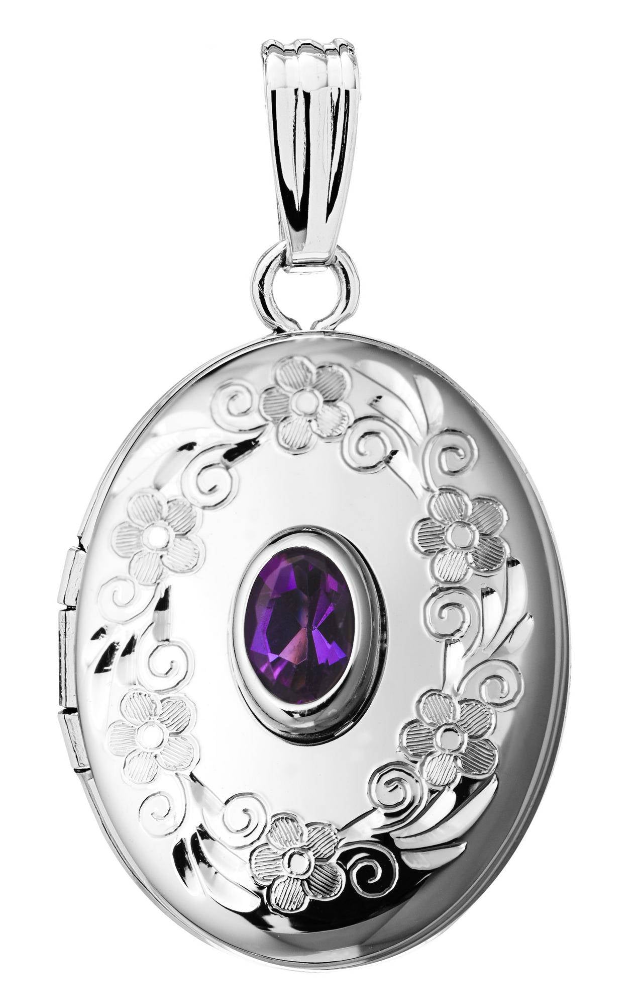 Sterling Silver Genuine Amethyst Oval Locket Necklace February  Birthstone Personalized Engraved Monogram