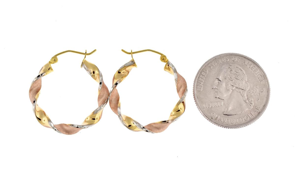 14k gold tri color twisted round hoop earrings