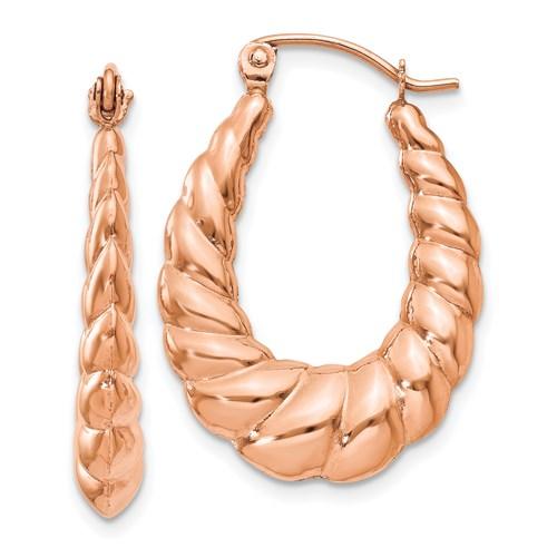 14K Rose Gold Shrimp Scalloped Twisted Hollow Classic Hoop Earrings 17mm