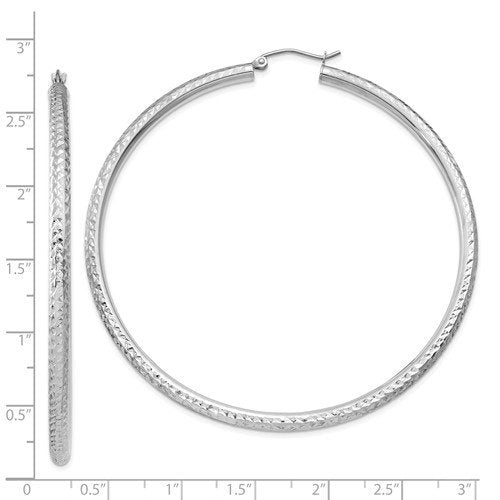 14k white gold 2.56 inch diameter large diamond cut round classic hoop earrings 65mm x 3mm