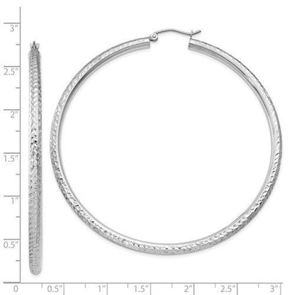 14k white gold 2.56 inch diameter large diamond cut round classic hoop earrings 65mm x 3mm