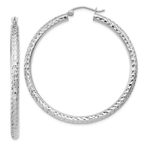 14k white gold diamond cut classic round hoop textured earrings 44mm x 3mm