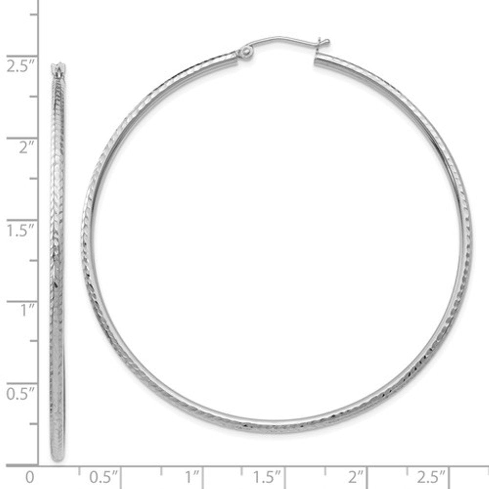 14k white gold diamond cut round hoop earrings 60mm x 2mm