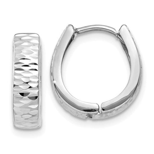 14k white gold classic textured hinged hoop huggie earrings