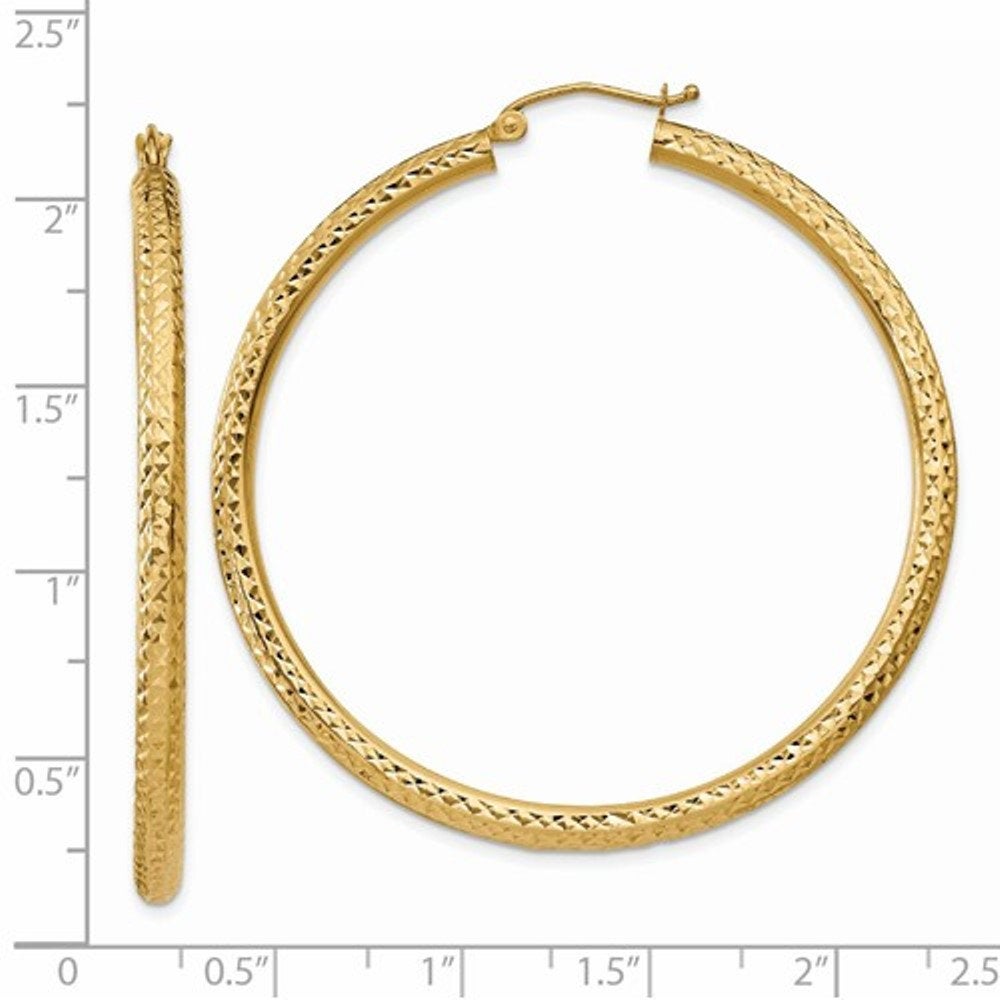 14k yellow gold diamond cut large classic round hoop earrings 50mm x 3mm