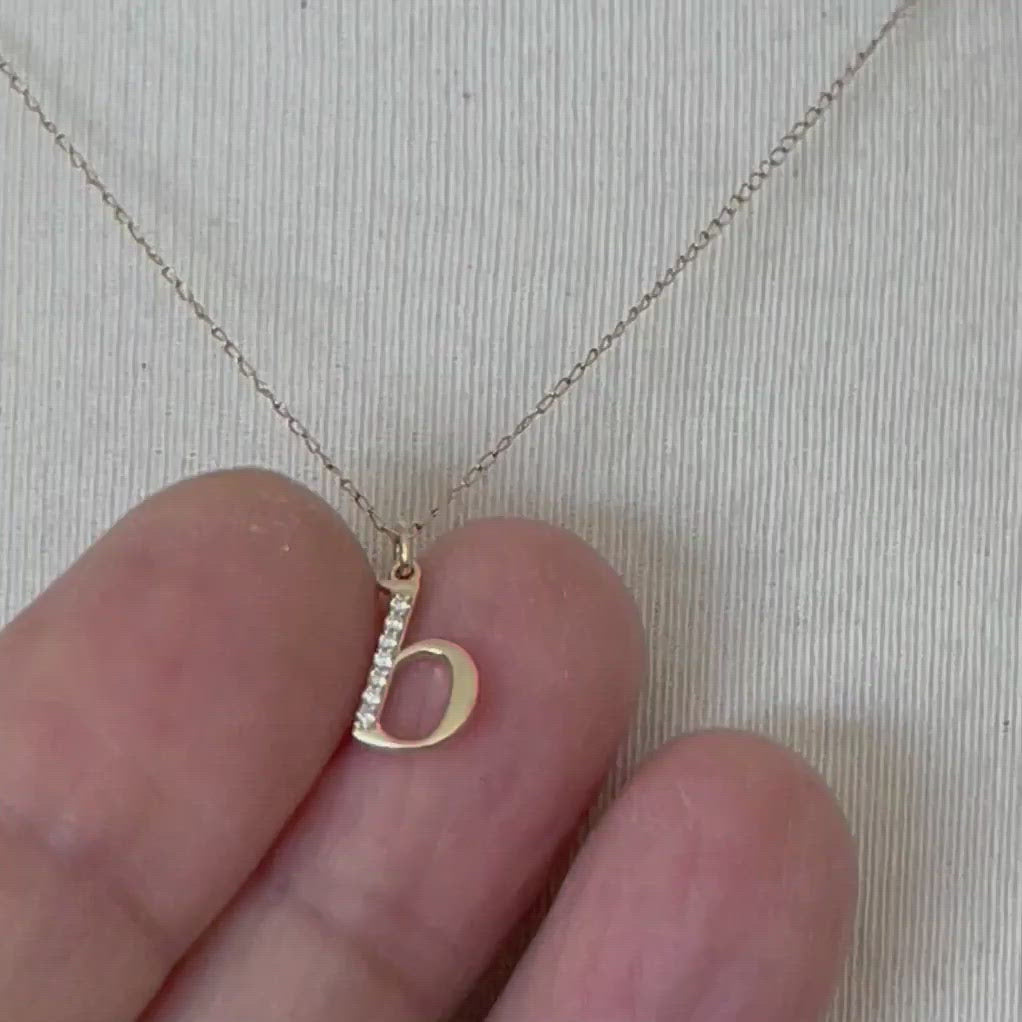 14K Yellow Rose White Gold .04 CTW Diamond Tiny Petite Lowercase Letter B Initial Alphabet Pendant Charm Necklace
