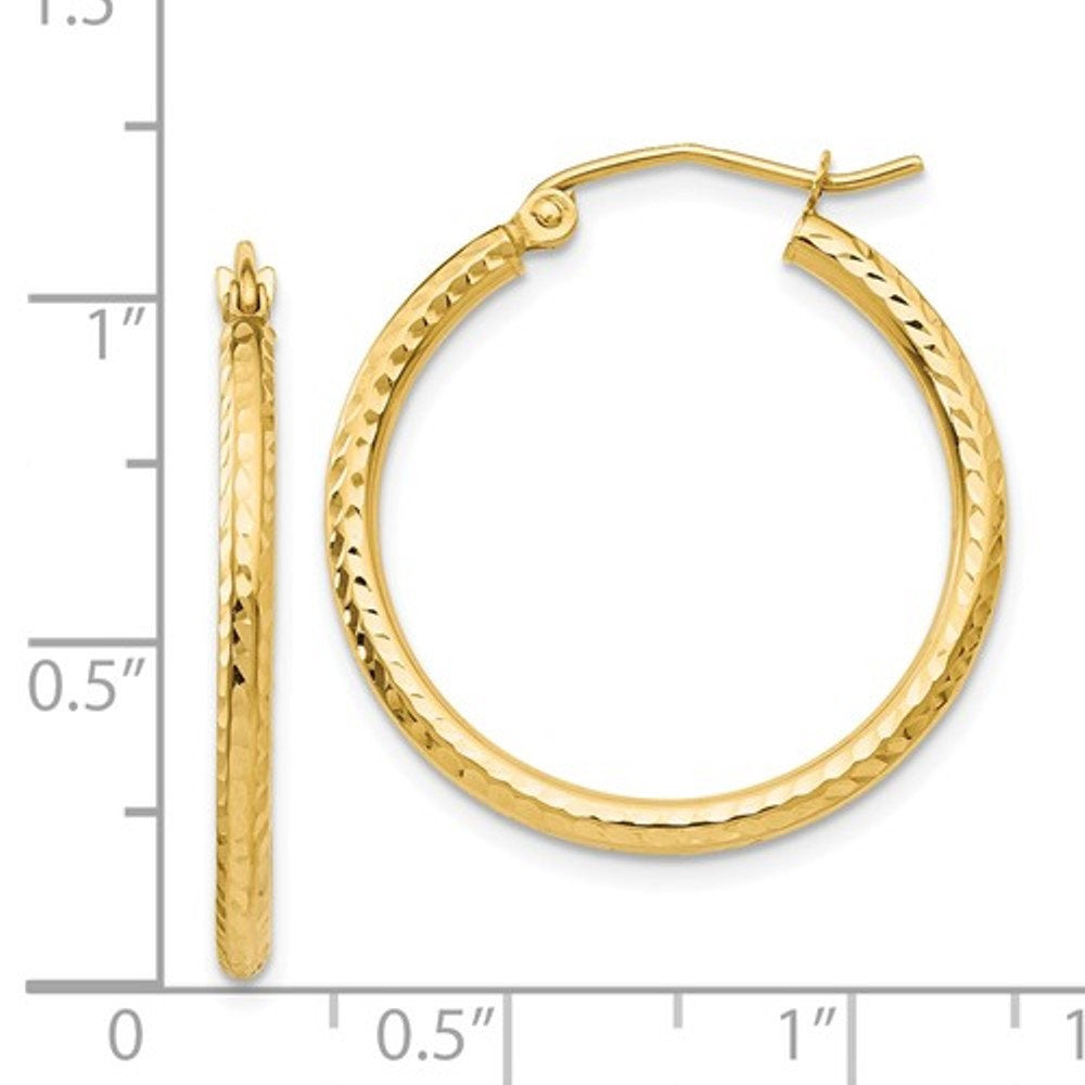 14k yellow gold diamond cut classic round hoop earrings 25mm x 2mm