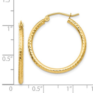 14k Yellow Gold Diamond Cut Classic Round Hoop Earrings 25mm x 2mm