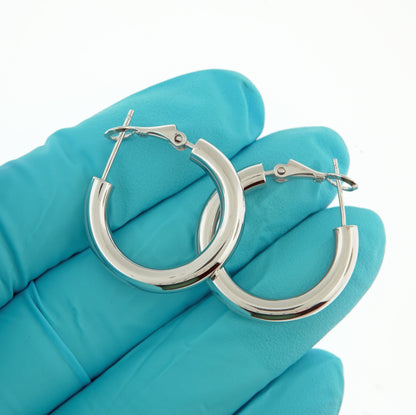 14k white gold round omega back hoop earrings 22mm x 4mm