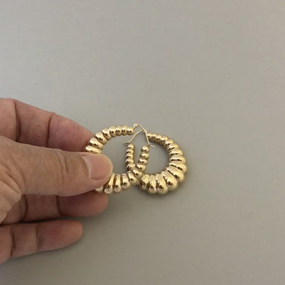 14K Yellow Gold Shrimp Scalloped Hollow Classic Hoop Earrings 33mm