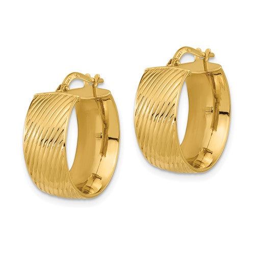 14k yellow gold textured modern contemporary round hoop earrings