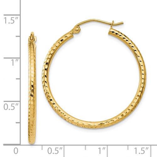14k yellow gold diamond cut classic round hoop earrings 30mm x 2mm