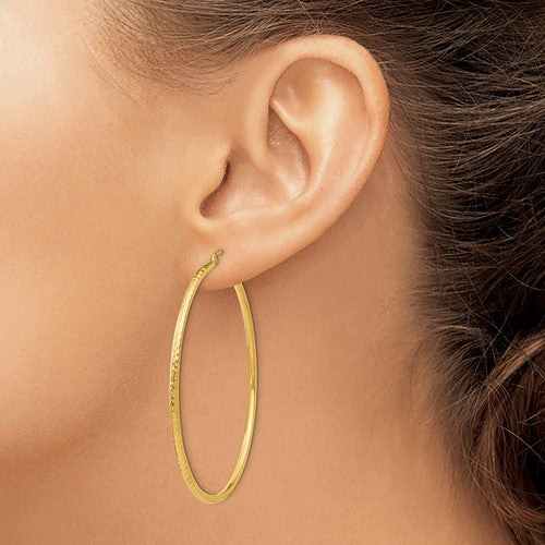 14k Yellow Gold Diamond Cut Classic Round Hoop Earrings 55mm x 2mm