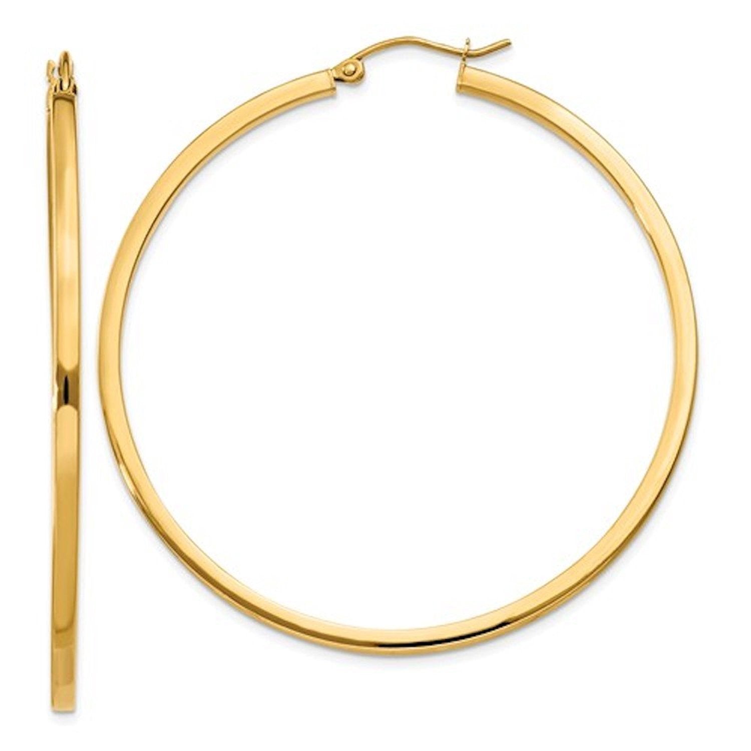14k Yellow Gold Square Tube Round Hoop Earrings 50mm x 2mm