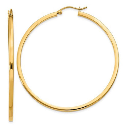 14k yellow gold square tube round hoop earrings 50mm x 2mm