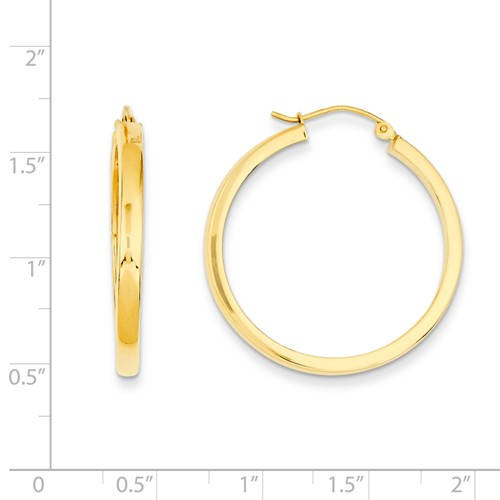 14k yellow gold square tube round hoop earrings 30mm x 3mm