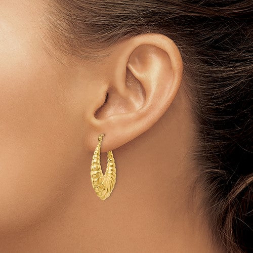 14k yellow gold shrimp scalloped hollow classic hoop earrings 25mm