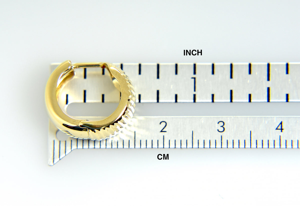 14k yellow gold textured huggie hinged hoop earrings 15mm x 15mm x 7mm