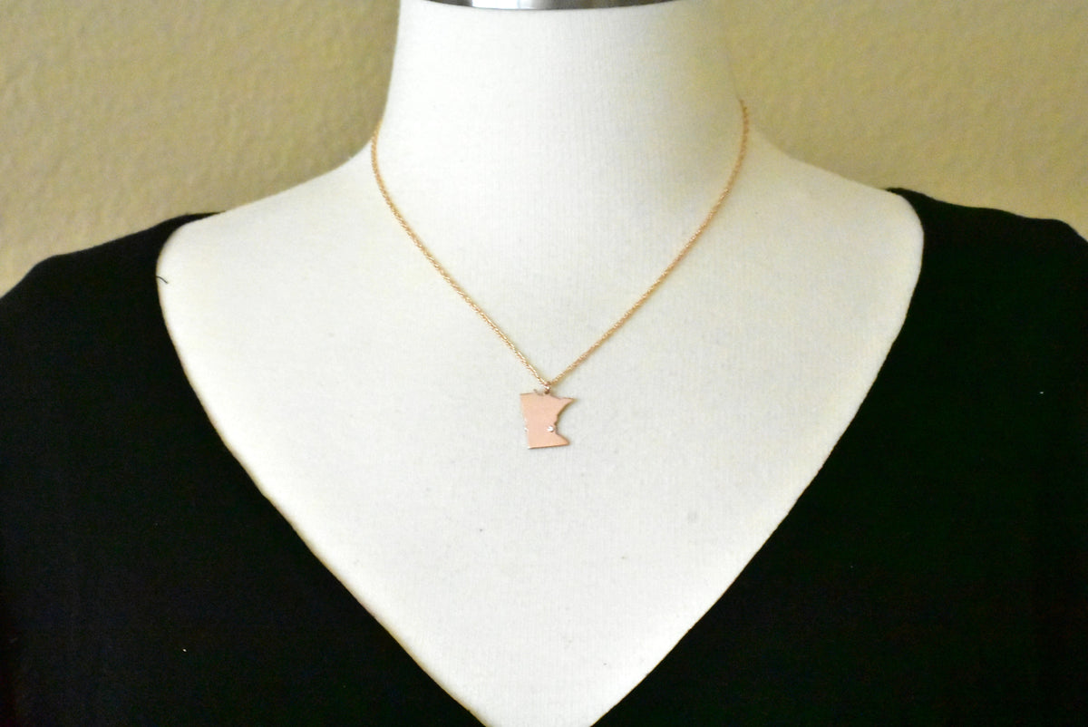 14k 10k yellow rose white gold diamond silver minnesota mn state map personalized city necklace