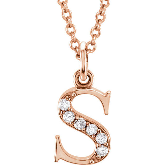 14k yellow rose white gold .03 ctw diamond tiny petite lowercase letter s initial alphabet pendant charm necklace