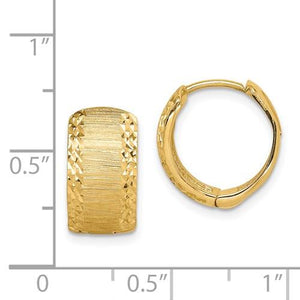 14k Yellow Gold Diamond Cut Textured Huggie Hinged Hoop Earrings 12mm x 7mm
