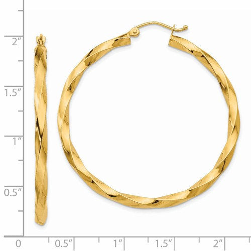 14K Yellow Gold Twisted Modern Classic Round Hoop Earrings 45mm x 3mm