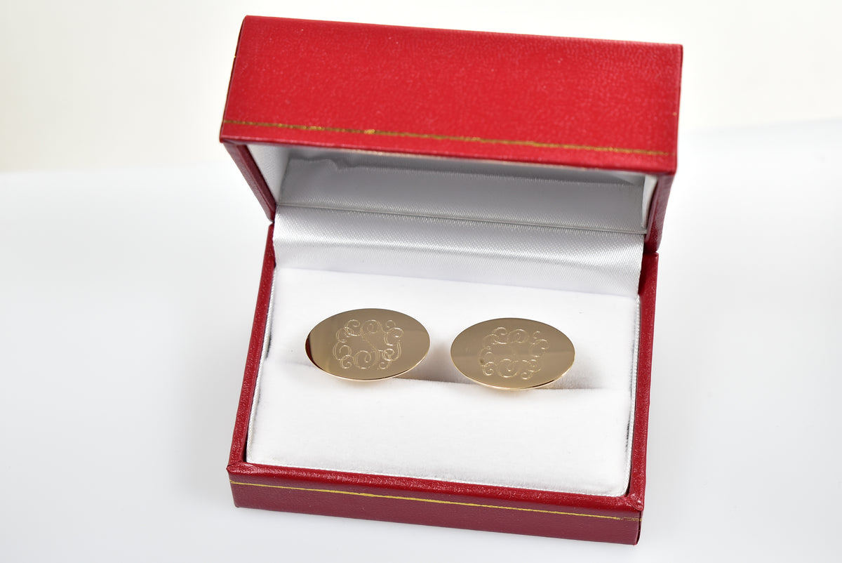 14k yellow gold oval cufflinks cuff links engraved personalized monogram