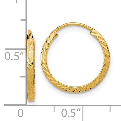 14k yellow gold diamond cut square tube round endless hoop earrings 15mm x 1.35mm