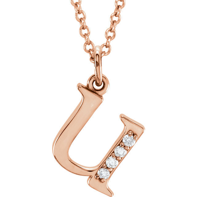 14k yellow rose white gold .025 ctw diamond tiny petite lowercase letter u initial alphabet pendant charm necklace