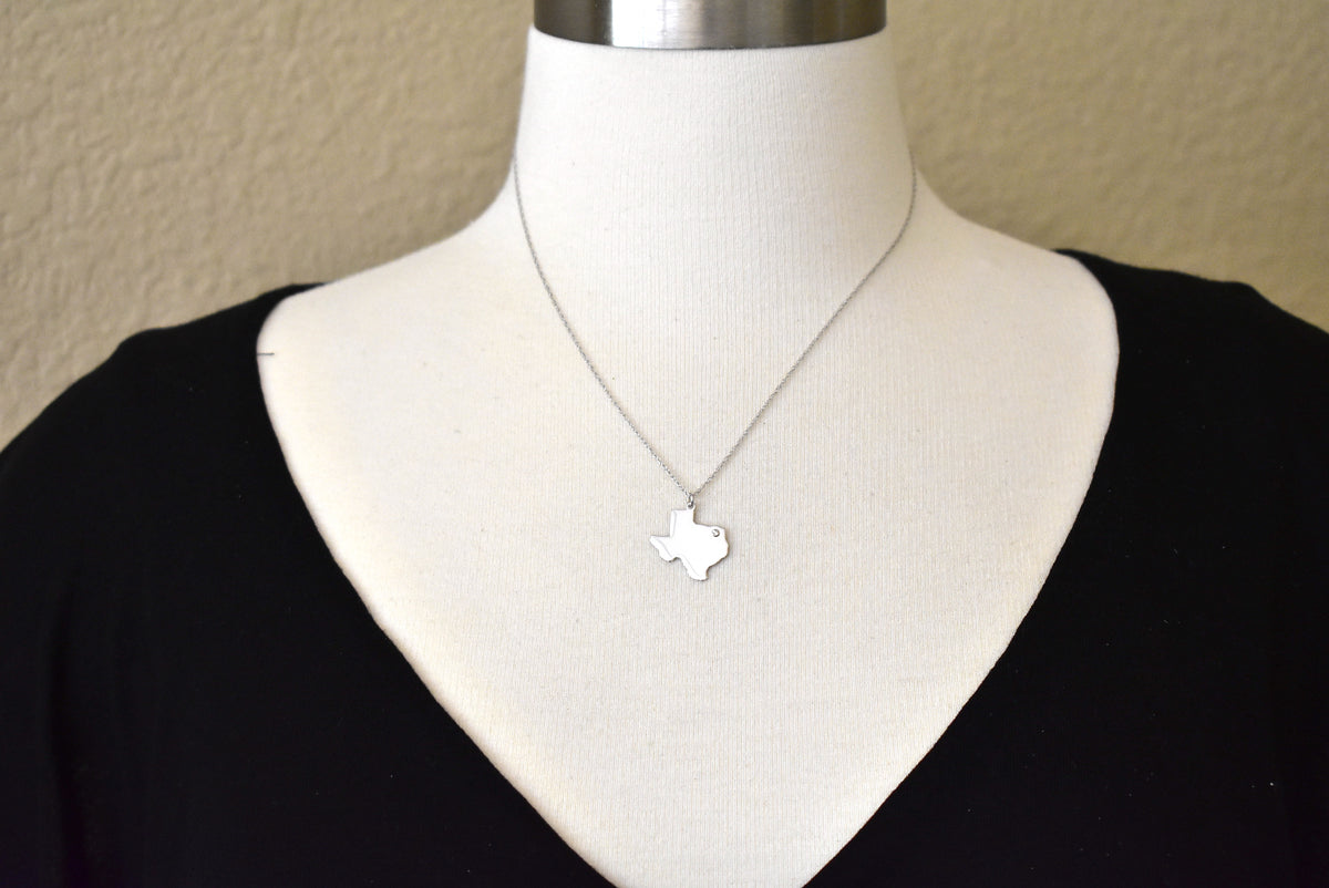 14k 10k yellow rose white gold diamond silver texas tx state map personalized city necklace