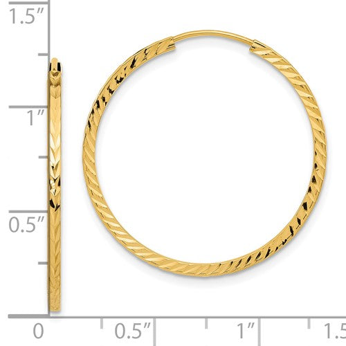 14k yellow gold diamond cut square tube round endless hoop earrings 29mm x 1.35mm