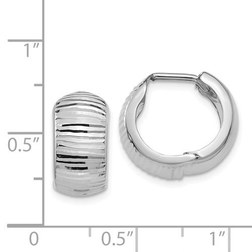 14k white gold textured huggie hinged hoop earrings 15mm x 15mm x 7mm