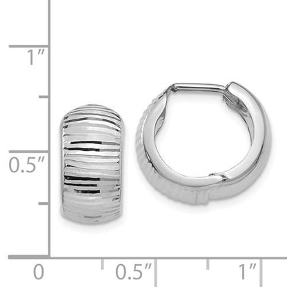 14k white gold textured huggie hinged hoop earrings 15mm x 15mm x 7mm