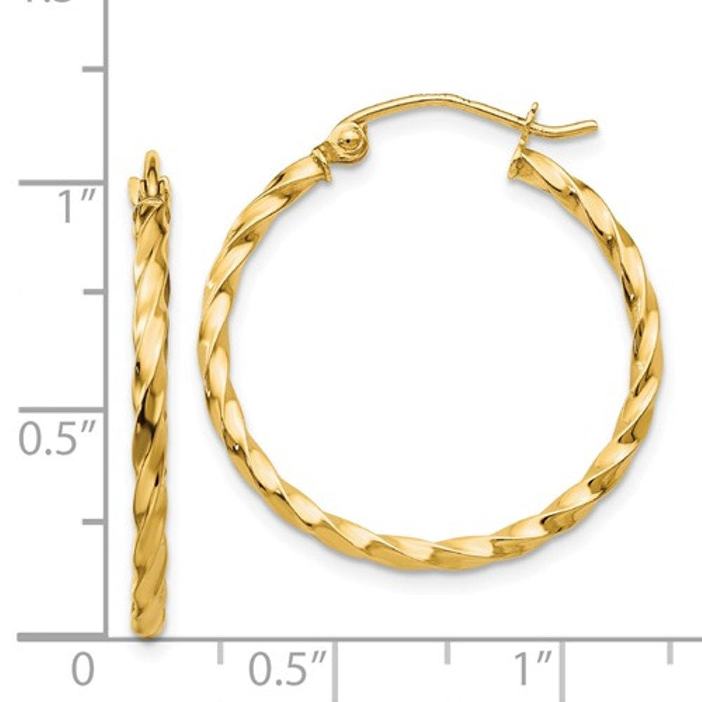 14k yellow gold twisted modern classic round hoop earrings 25mm x 2mm