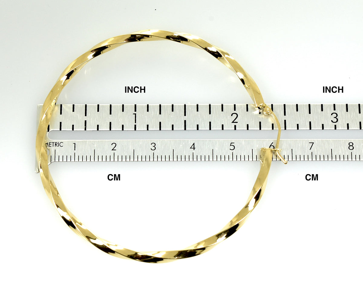 14k yellow gold twisted modern classic round hoop earrings 60mm x 3mm