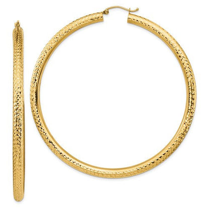14k yellow gold large sparkle diamond cut classic round hoop earrings 65mm x 4mm
