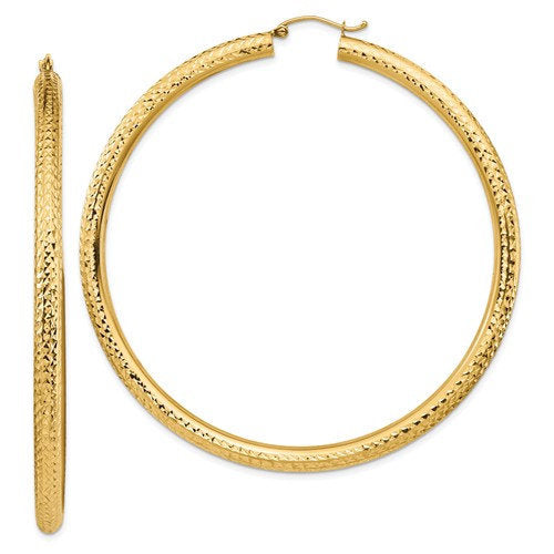 14k yellow gold large sparkle diamond cut classic round hoop earrings 65mm x 4mm