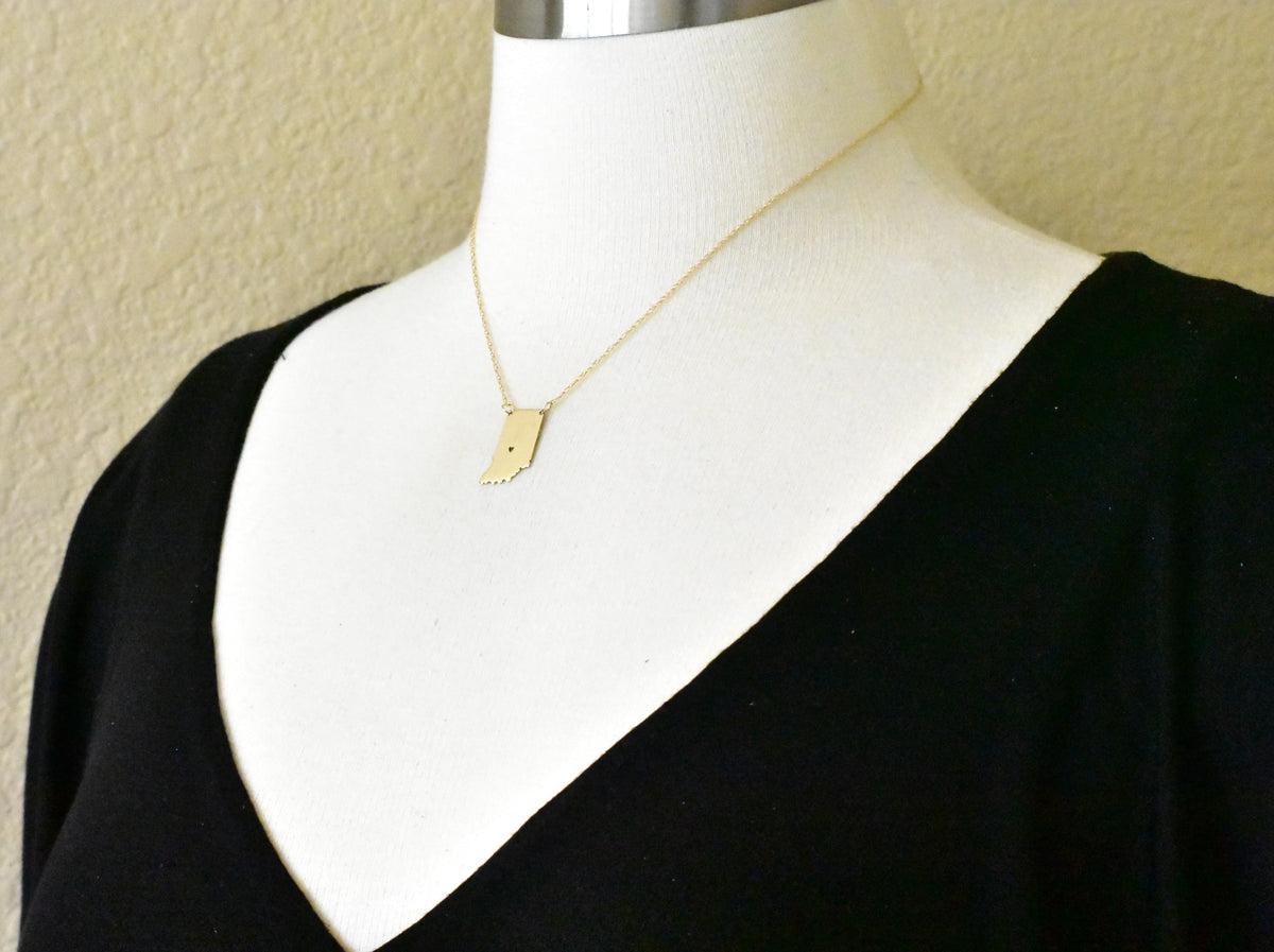 14k gold 10k gold silver indiana state map necklace heart personalized city