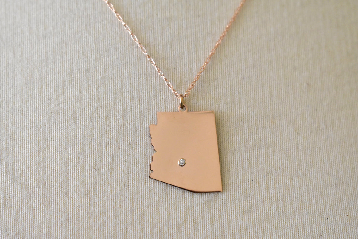 14k 10k yellow rose white gold diamond silver arizona az state map personalized city necklace