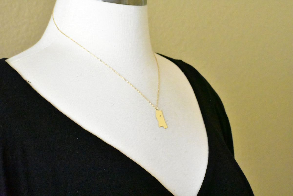 14k 10k yellow rose white gold diamond silver mississippi ms state map personalized city necklace
