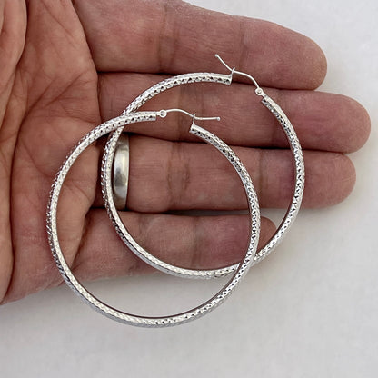 14k white gold 2.13 inch diameter large diamond cut round classic hoop earrings 54mm x 3mm
