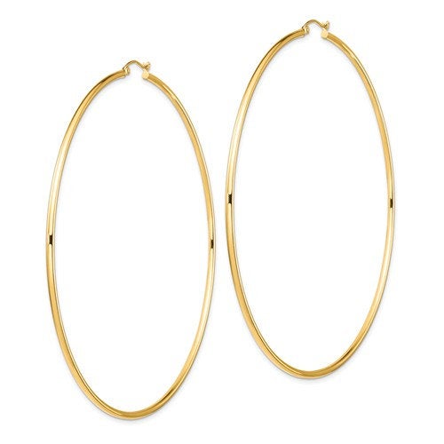 14k yellow gold extra large diameter 87mm x 2mm classic round hoop earrings 3.4 inches giant size super wide