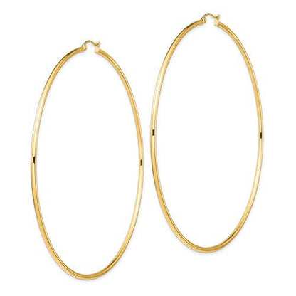 14k yellow gold extra large diameter 87mm x 2mm classic round hoop earrings 3.4 inches giant size super wide