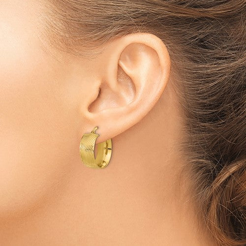 14k yellow gold textured modern contemporary round hoop earrings
