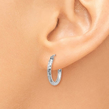 14k white gold diamond cut round hoop earrings 15mm x 2mm