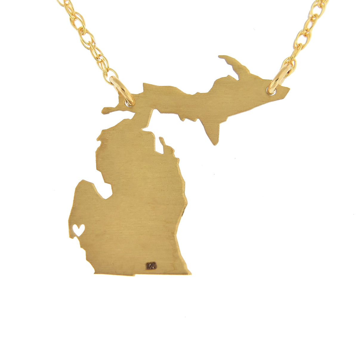 14k gold 10k gold silver michigan mi state map necklace heart personalized city